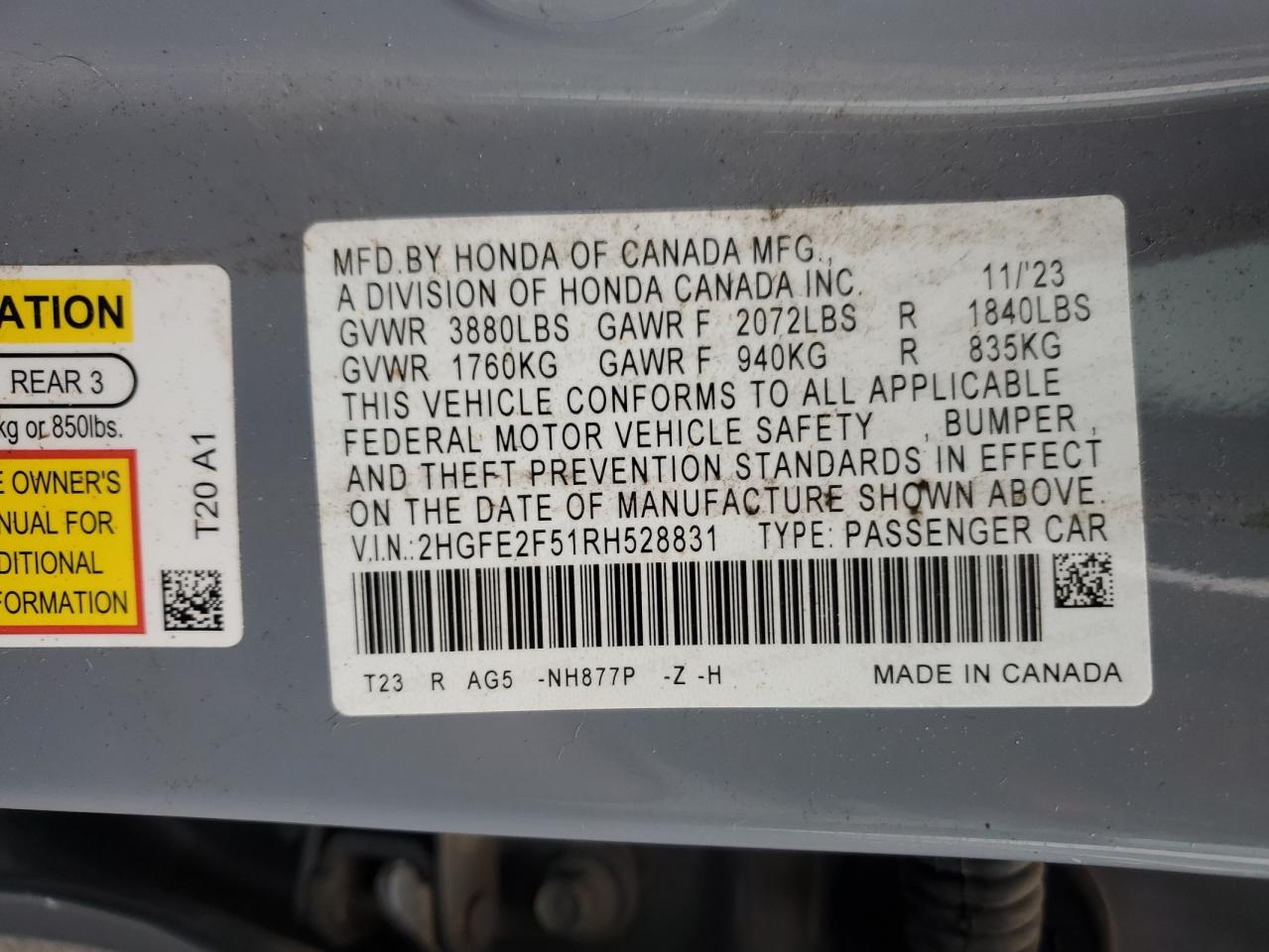 2024 HONDA CIVIC SPORT VIN:2HGFE2F51RH528831
