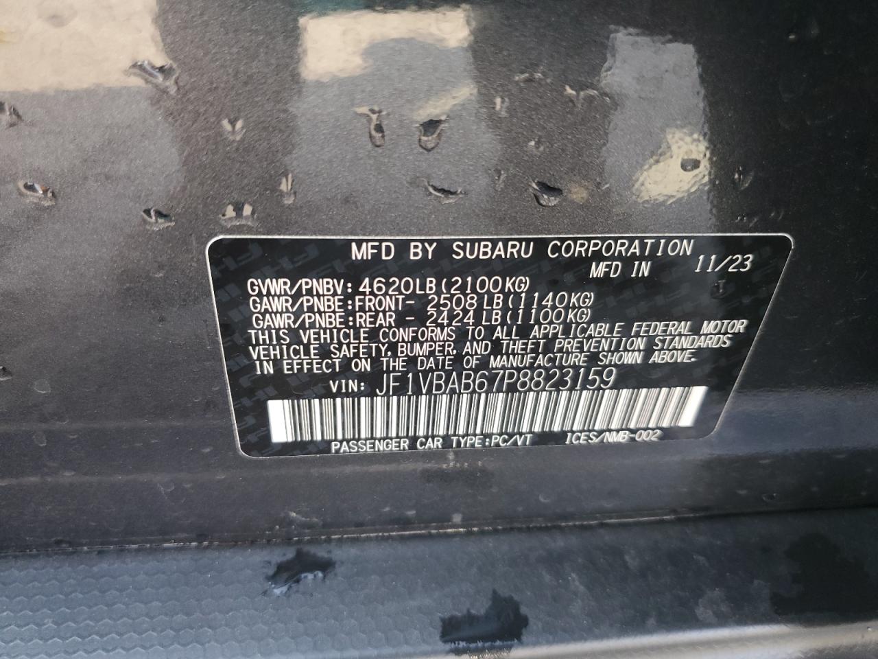 2023 SUBARU WRX VIN:JF1VBAB67P8823159