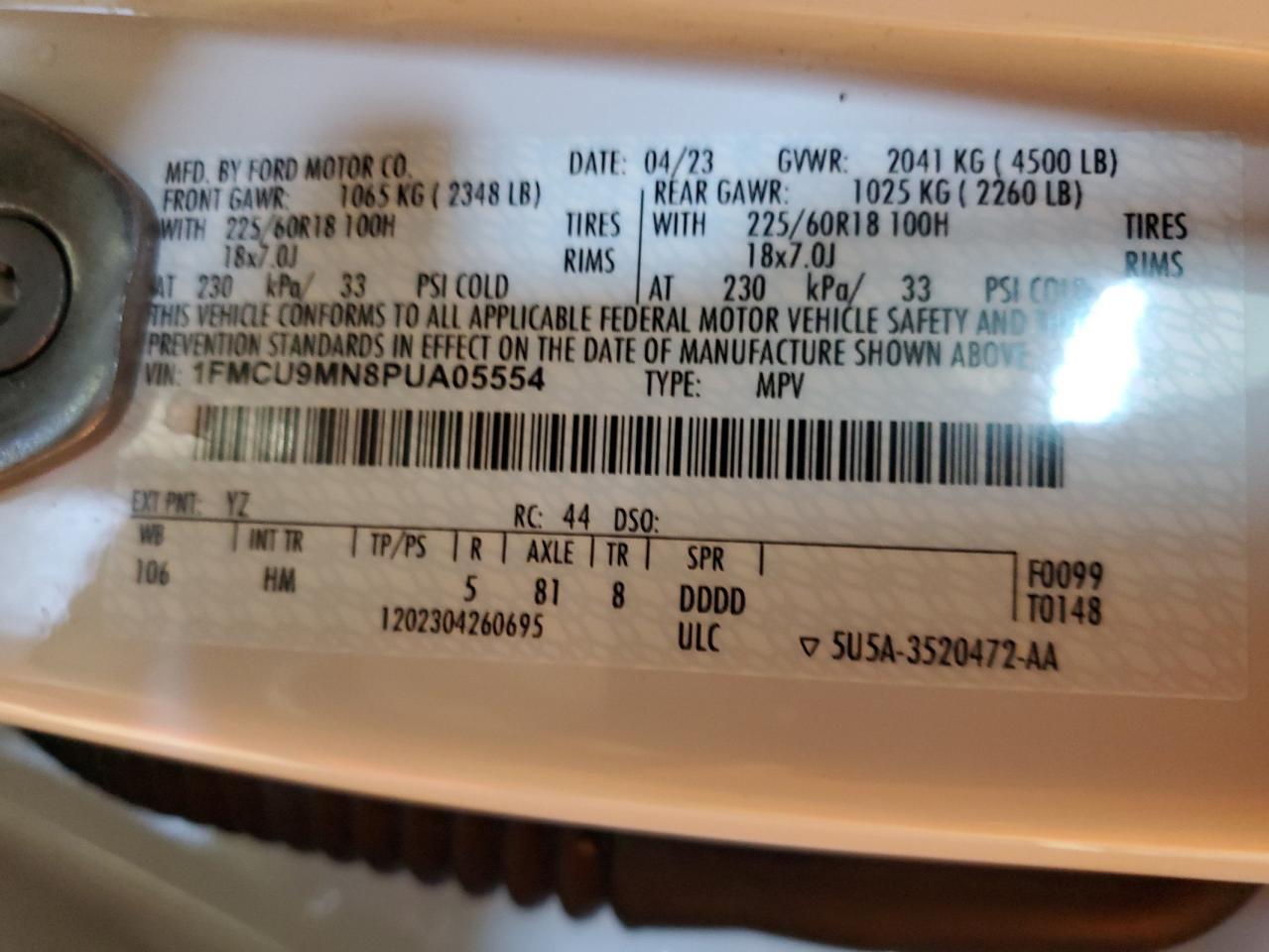 2023 FORD ESCAPE ST LINE VIN:1FMCU9MN8PUA05554