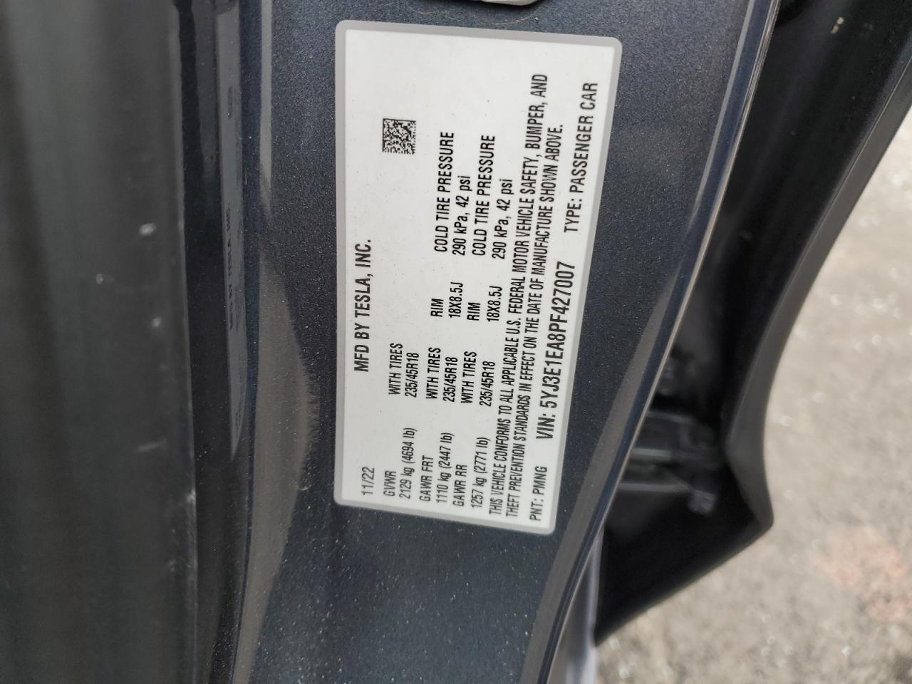 2023 TESLA MODEL 3 VIN:5YJ3E1EA8PF427007