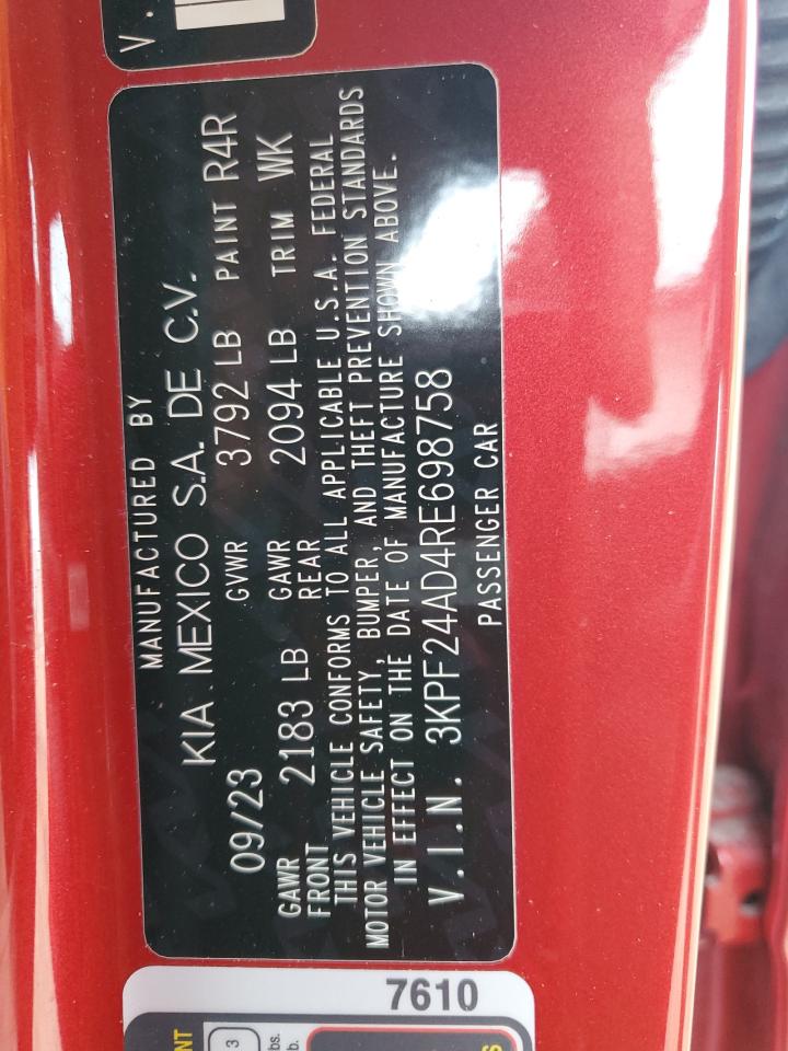 2024 KIA FORTE LX VIN:3KPF24AD4RE698758