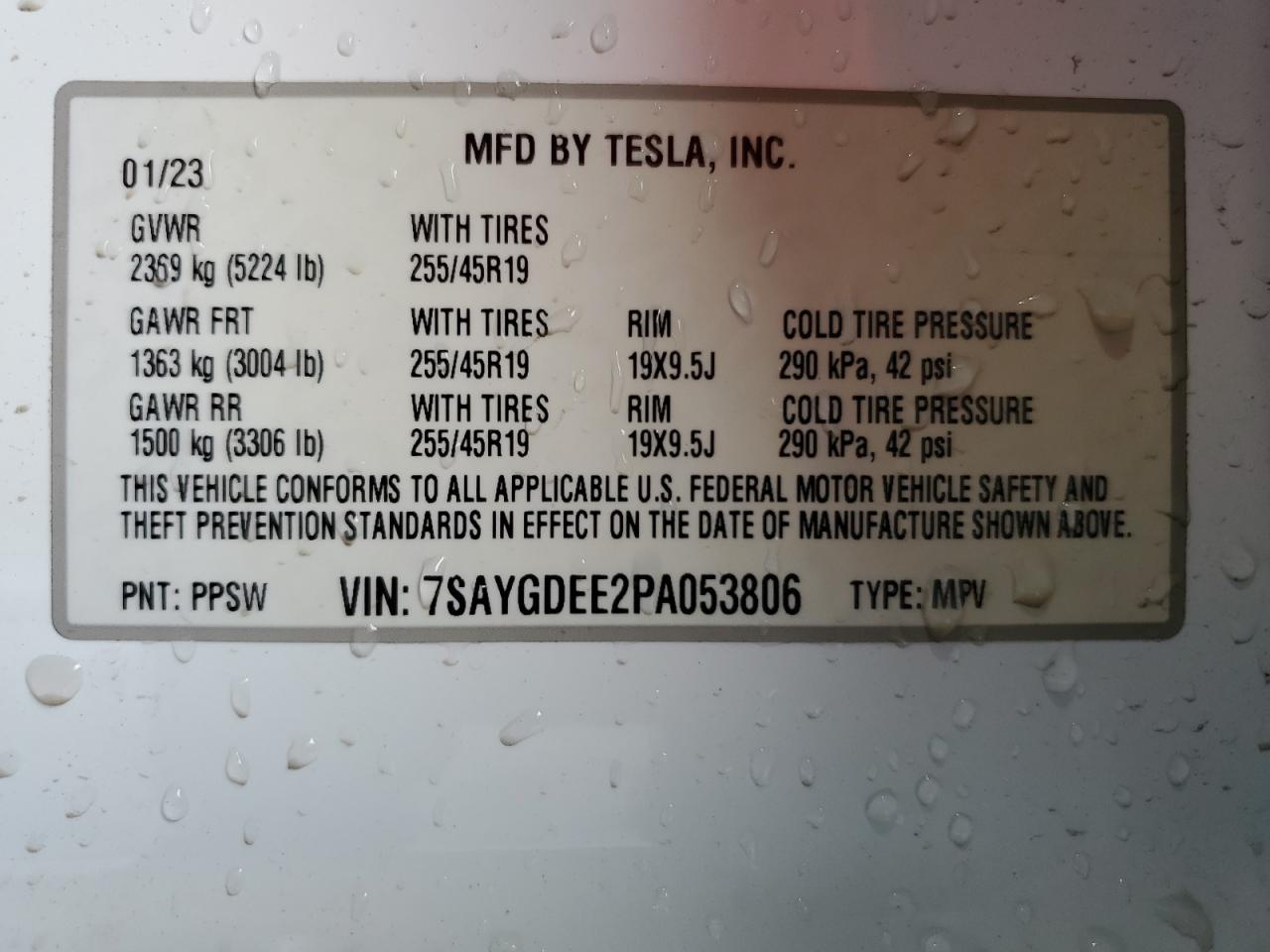 2023 TESLA MODEL Y VIN:7SAYGDEE2PA053806
