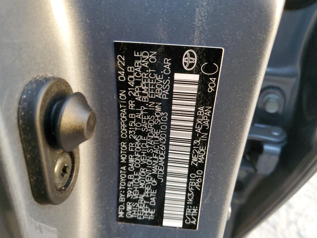 2022 TOYOTA COROLLA LE VIN:JTDEAMDE6N3010103