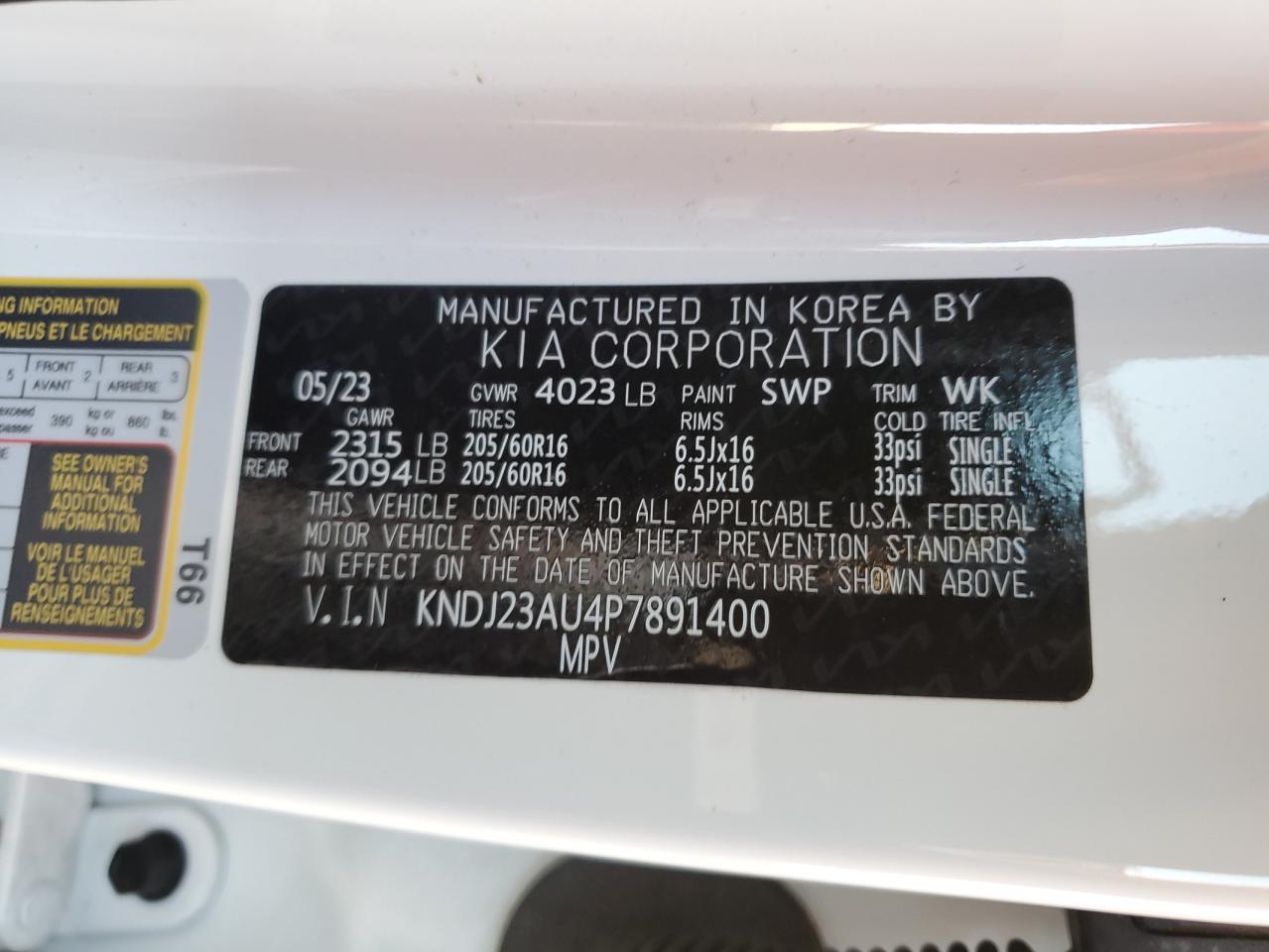 2023 KIA SOUL LX VIN:KNDJ23AU4P7891400