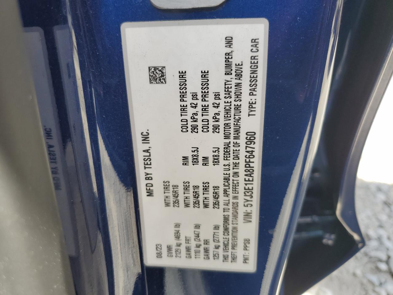 2023 TESLA MODEL 3 VIN:5YJ3E1EA8PF647960