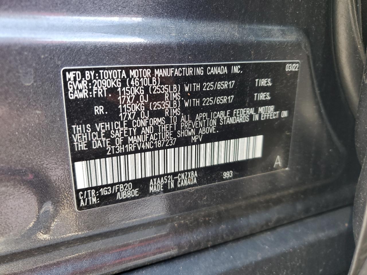 2022 TOYOTA RAV4 LE VIN:2T3H1RFV4NC187237