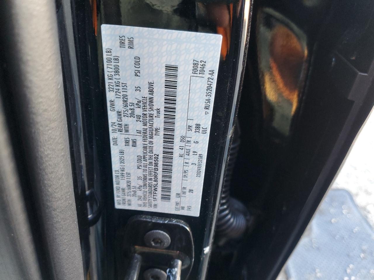 2024 FORD F150 LARIAT VIN:1FTFW5L80RFB98502