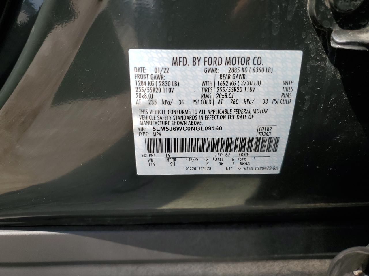 2022 LINCOLN AVIATOR VIN:5LM5J6WC0NGL09160