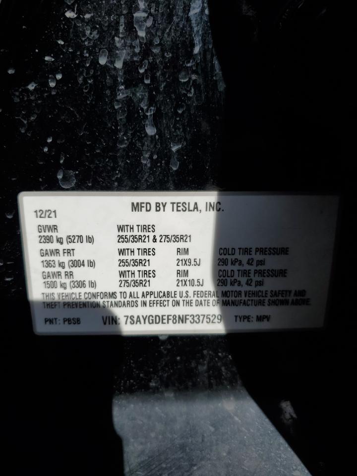 2022 TESLA MODEL Y VIN:7SAYGDEF8NF337529