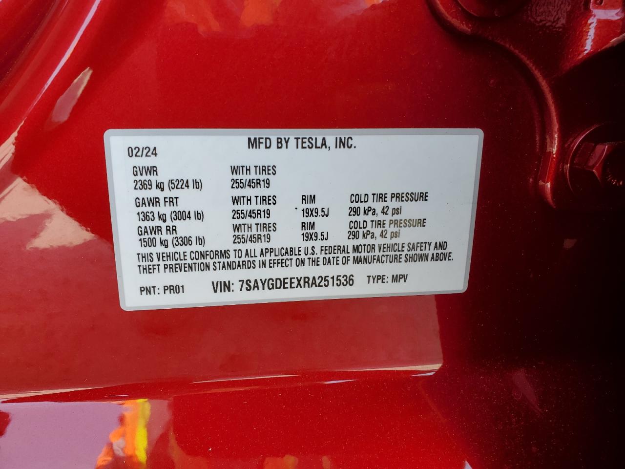 2024 TESLA MODEL Y VIN:7SAYGDEEXRA251536