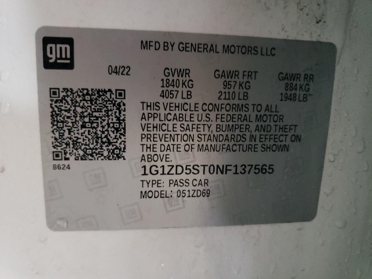 2022 CHEVROLET MALIBU LT VIN:1G1ZD5ST0NF137565