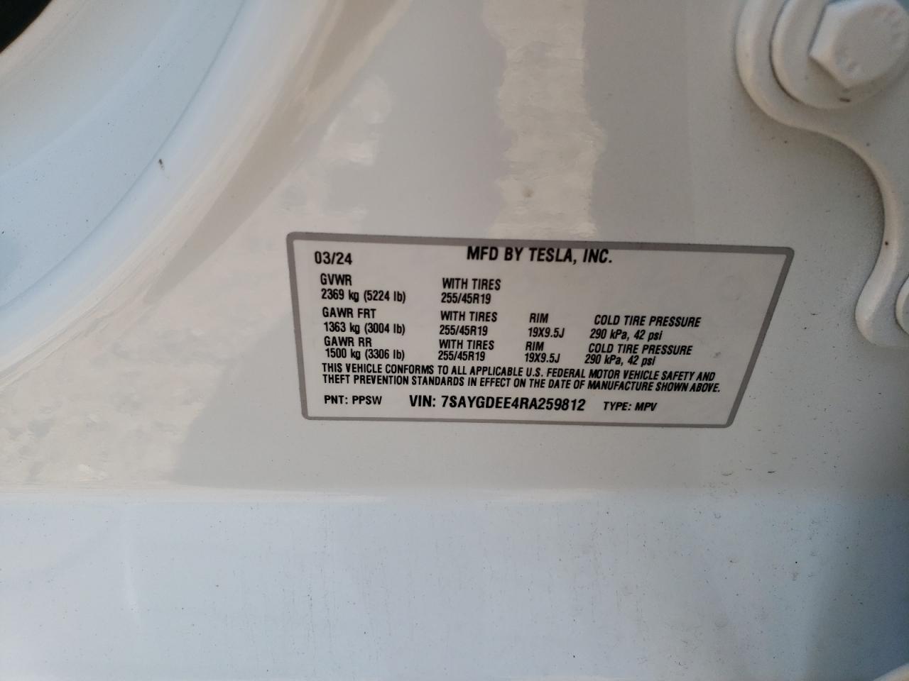 2024 TESLA MODEL Y VIN:7SAYGDEE4RA259812