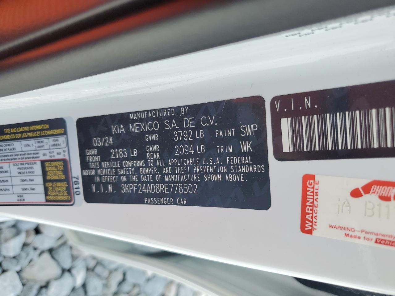 2024 KIA FORTE LX VIN:3KPF24AD8RE778502