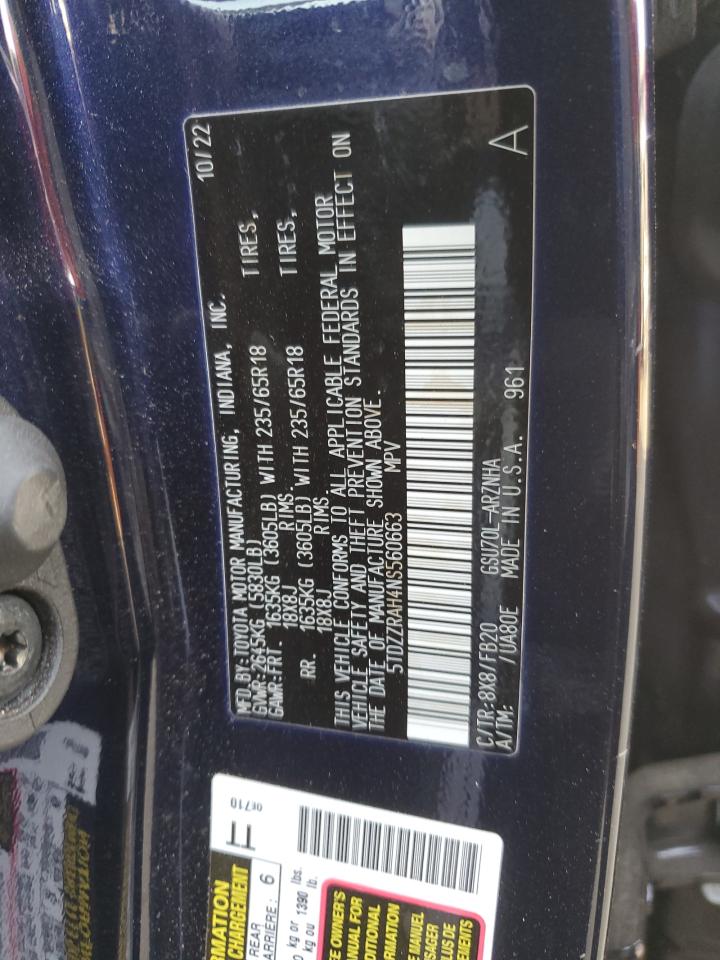 2022 TOYOTA HIGHLANDER L VIN:5TDZZRAH4NS560663