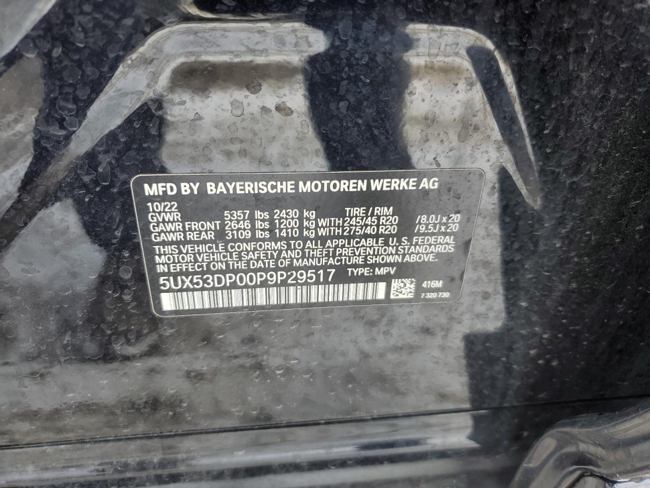 2023 BMW X3 XDRIVE30I VIN:5UX53DP00P9P29517