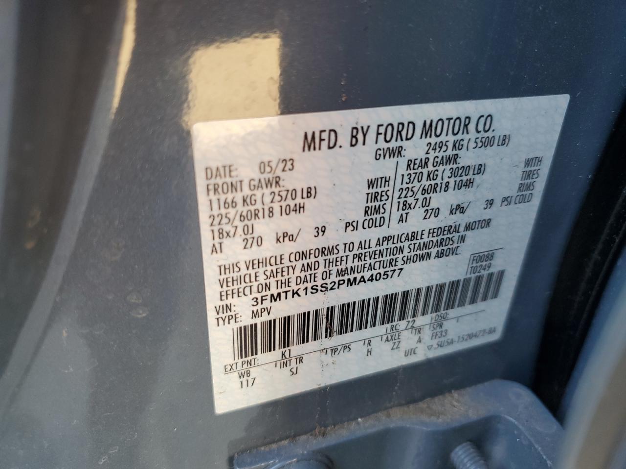 2023 FORD MUSTANG MACH-E SELECT VIN:3FMTK1SS2PMA40577