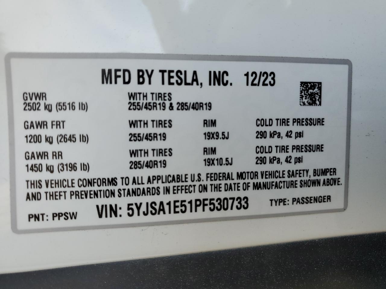 2023 TESLA MODEL S VIN:5YJSA1E51PF530733