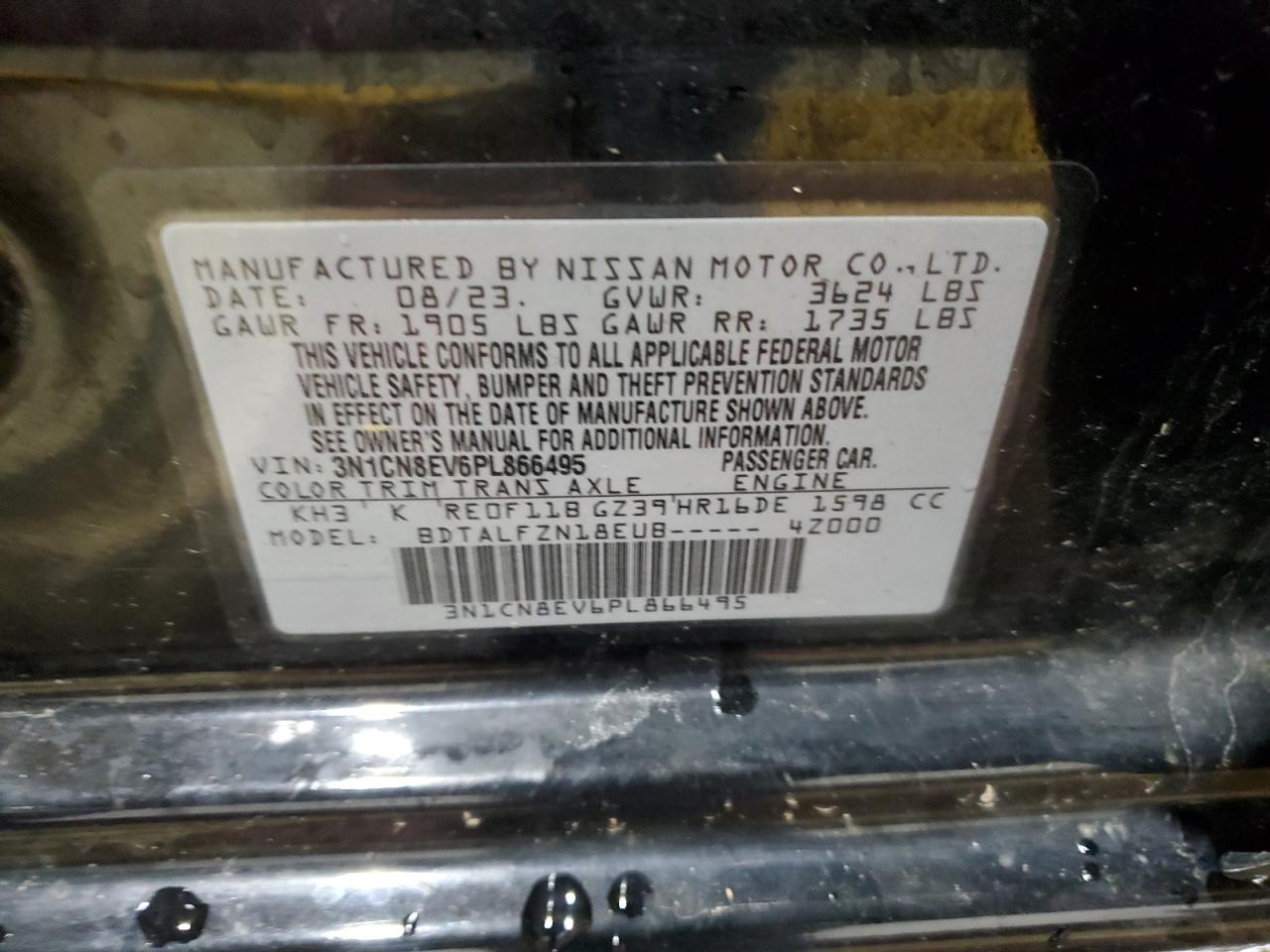 2023 NISSAN VERSA SV VIN:3N1CN8EV6PL866495