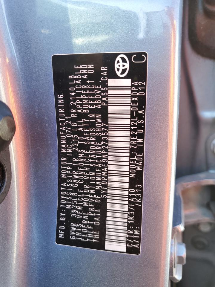 2022 TOYOTA COROLLA L VIN:5YFDPMAE9NP273577