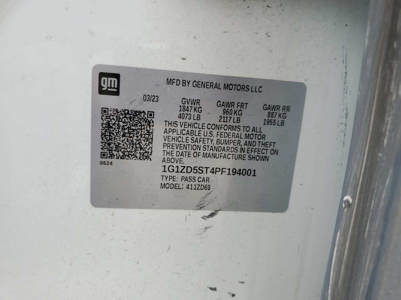 2023 CHEVROLET MALIBU LT VIN:1G1ZD5ST4PF194001