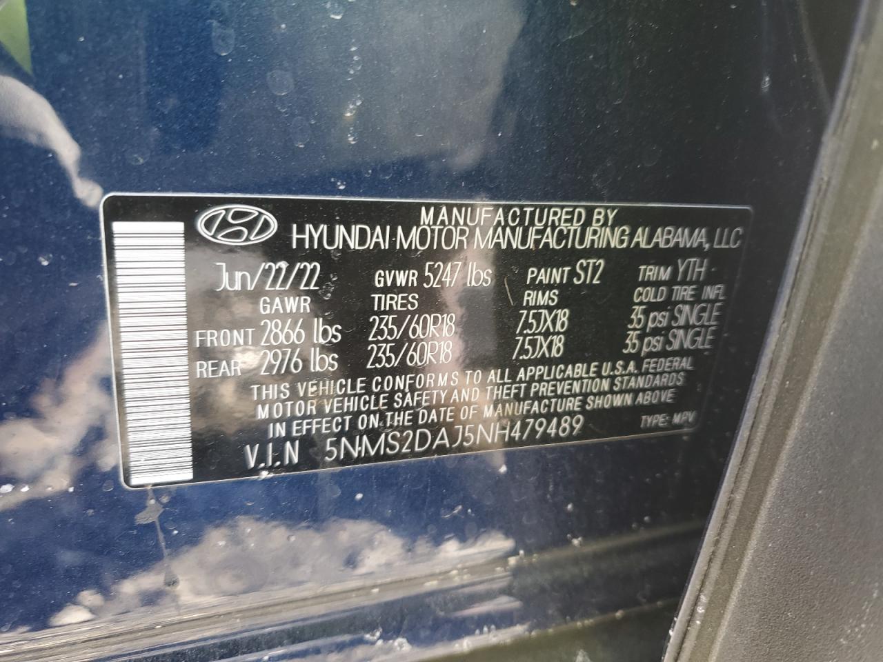 2022 HYUNDAI SANTA FE SEL VIN:5NMS2DAJ5NH479489