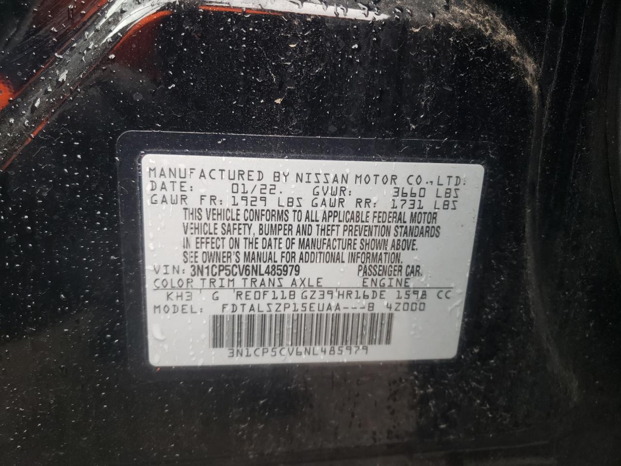 2022 NISSAN KICKS SV VIN:3N1CP5CV6NL485979