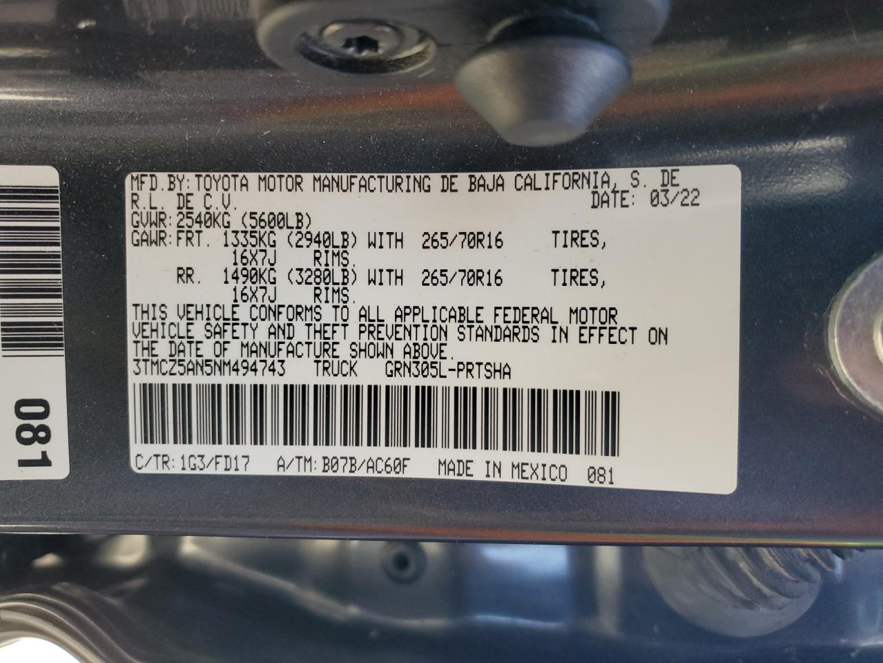 2022 TOYOTA TACOMA DOUBLE CAB VIN:3TMCZ5AN5NM494743