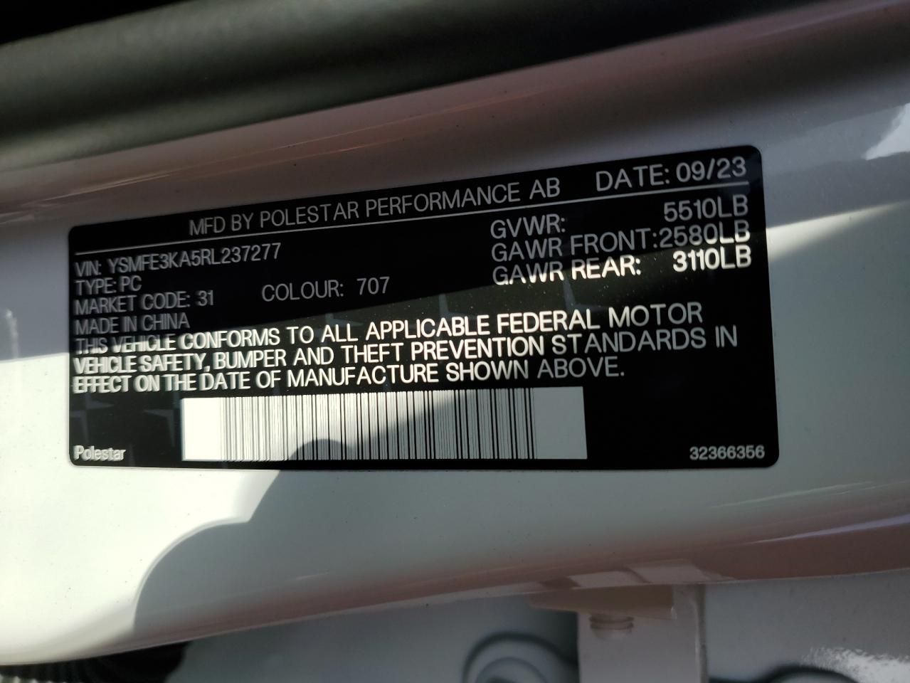 2024 POLESTAR 2 VIN:YSMFE3KA5RL237277