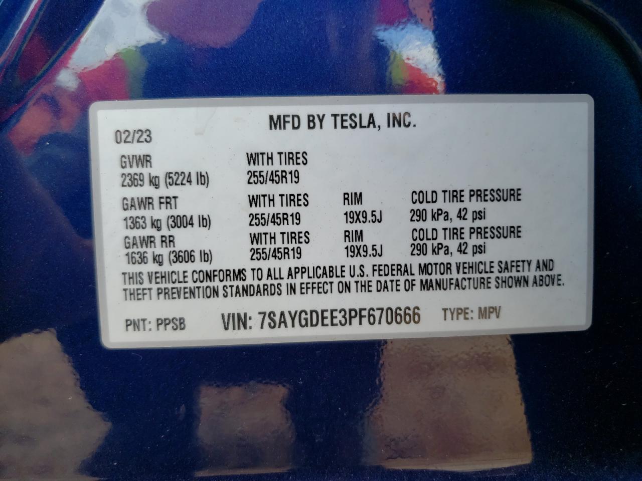 2023 TESLA MODEL Y VIN:7SAYGDEE3PF670666
