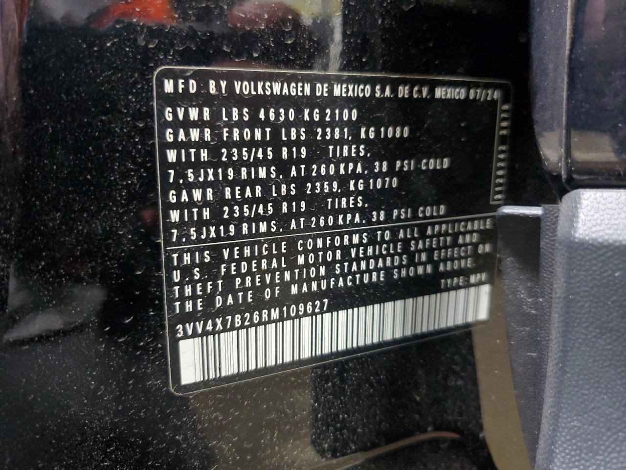 2024 VOLKSWAGEN TAOS SEL VIN:3VV4X7B26RM109627