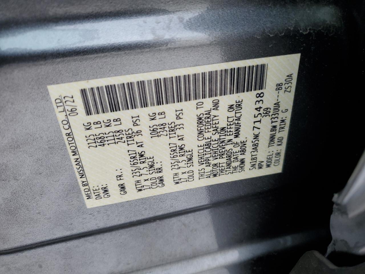 2022 NISSAN ROGUE S VIN:5N1BT3AB5NC715438