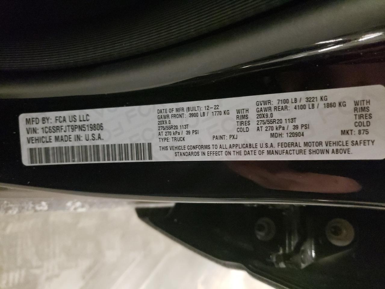 2023 RAM 1500 LARAMIE VIN:1C6SRFJT9PN519806