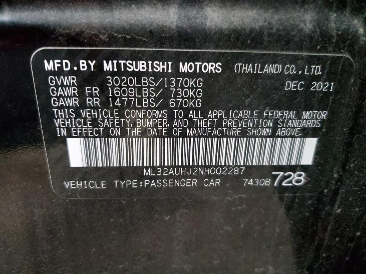 2022 MITSUBISHI MIRAGE ES VIN:ML32AUHJ2NH002287