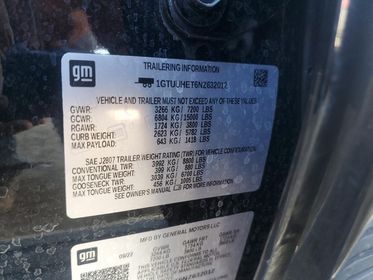 2022 GMC SIERRA K1500 DENALI ULTIMATE VIN:1GTUUHET6NZ632012