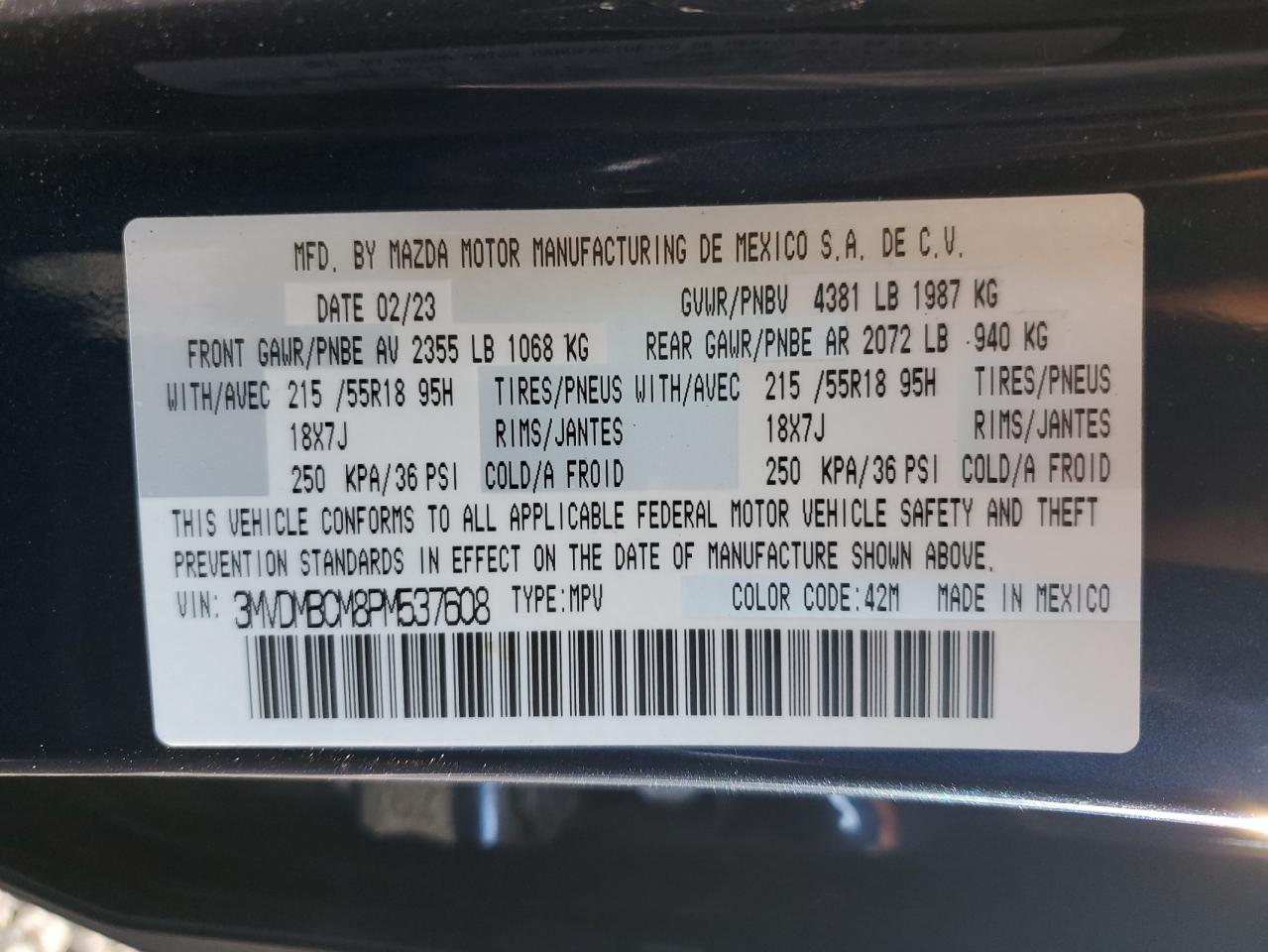 2023 MAZDA CX-30 PREFERRED VIN:3MVDMBCM8PM537608