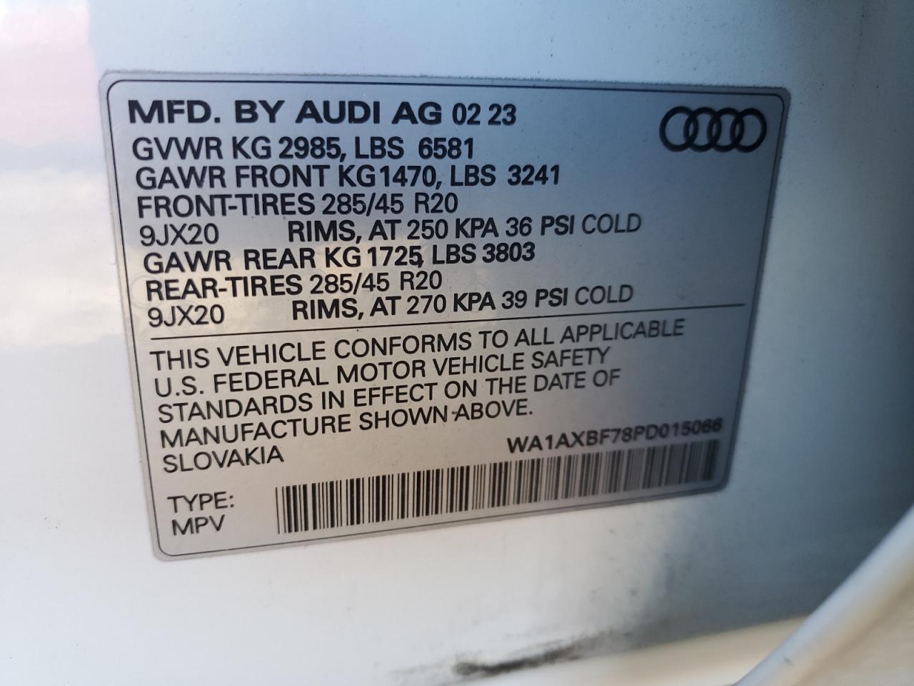 2023 AUDI Q7 PREMIUM VIN:WA1AXBF78PD015066