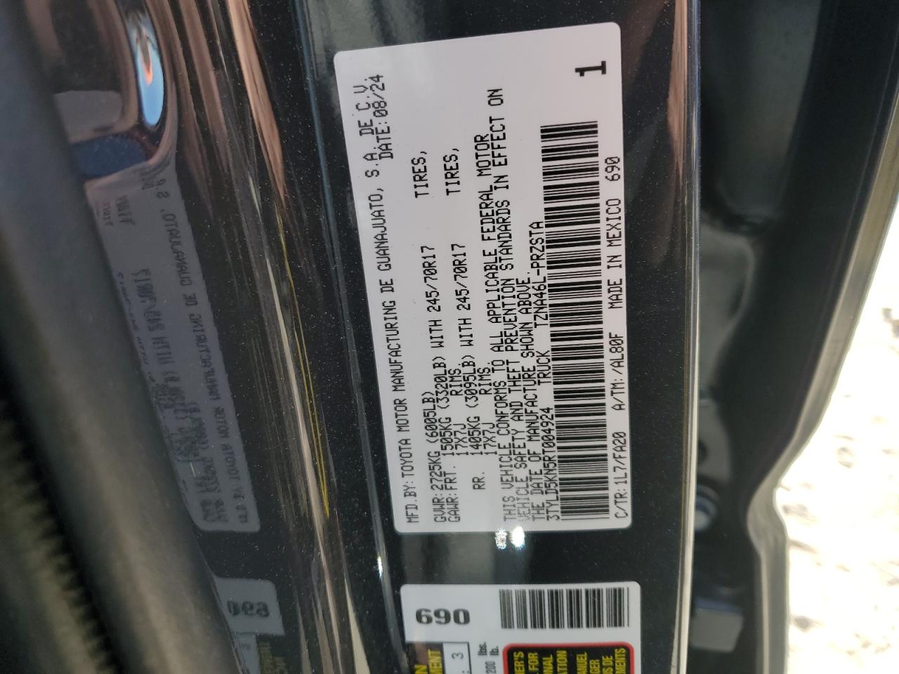 2024 TOYOTA TACOMA DOUBLE CAB VIN:JN1BV7AR9FM403964