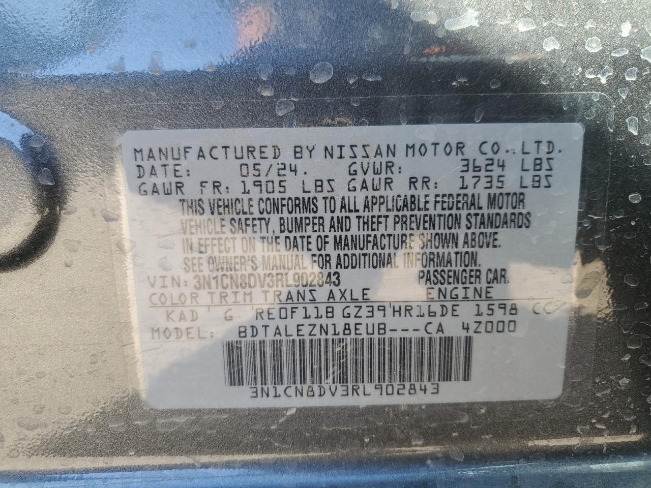 2024 NISSAN VERSA S VIN:3N1CN8DV3RL902843