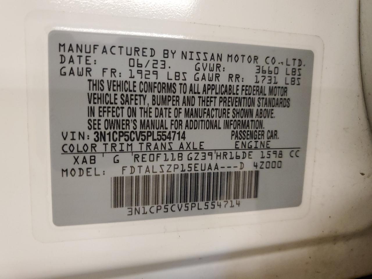 2023 NISSAN KICKS SV VIN:3N1CP5CV5PL554714