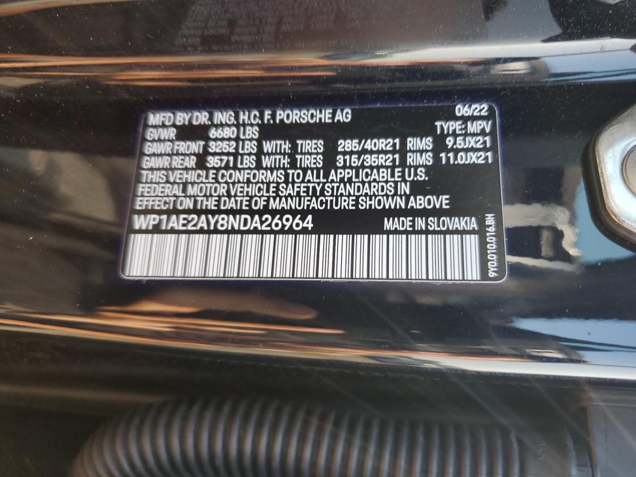 2022 PORSCHE CAYENNE E-HYBRID VIN:WP1AE2AY8NDA26964