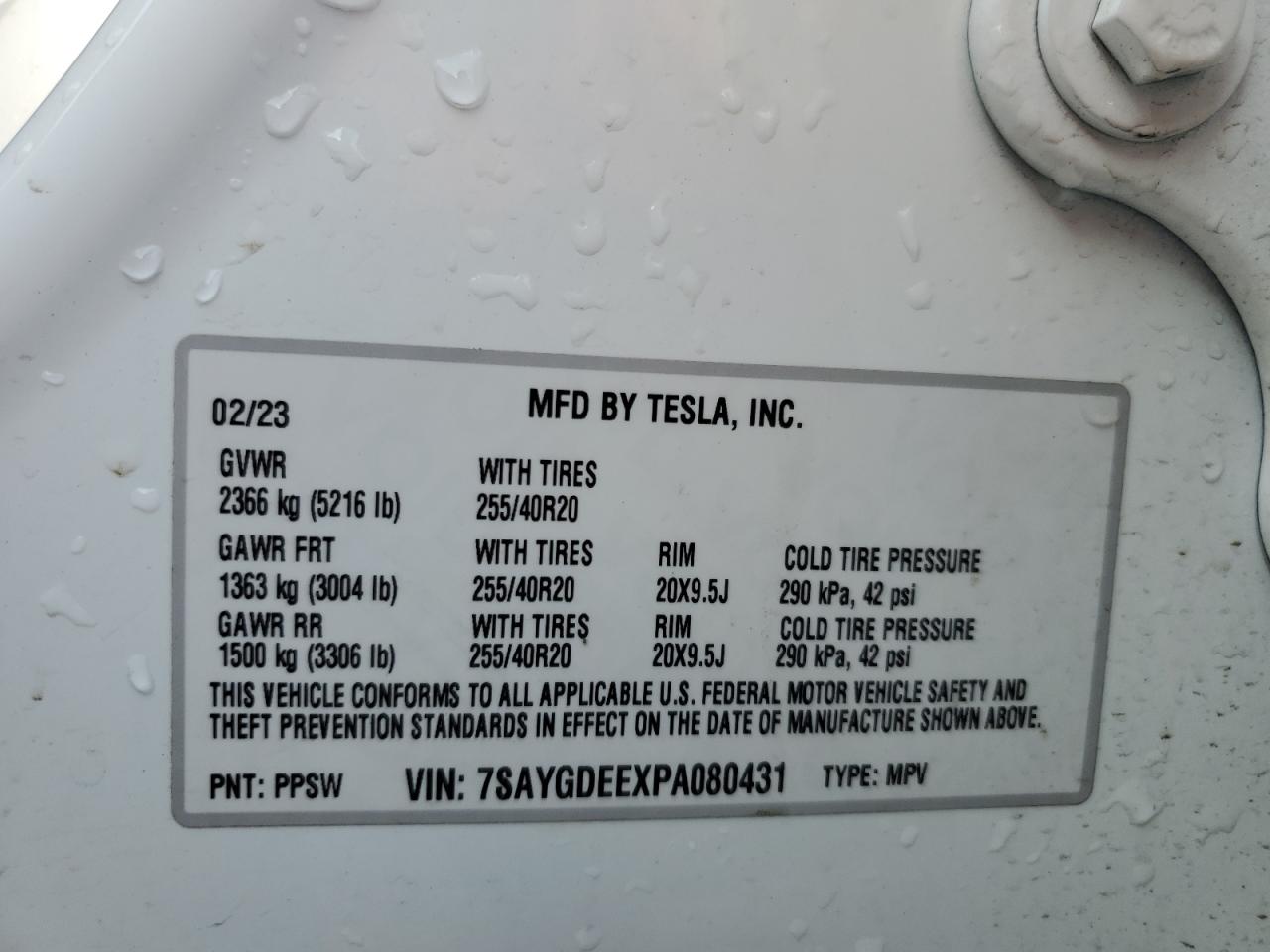 2023 TESLA MODEL Y VIN:7SAYGDEEXPA080431