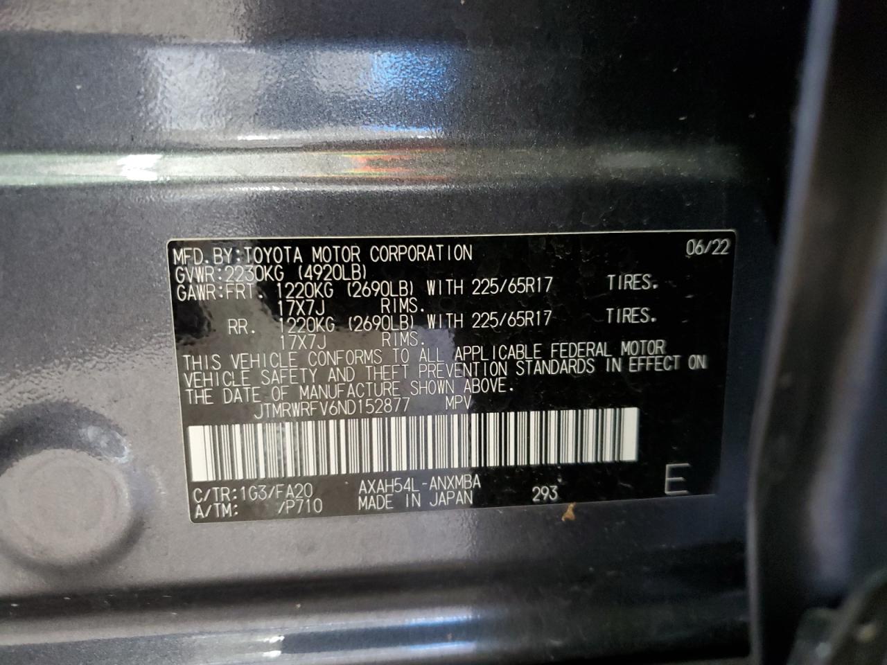 2022 TOYOTA RAV4 XLE VIN:JTMRWRFV6ND152877