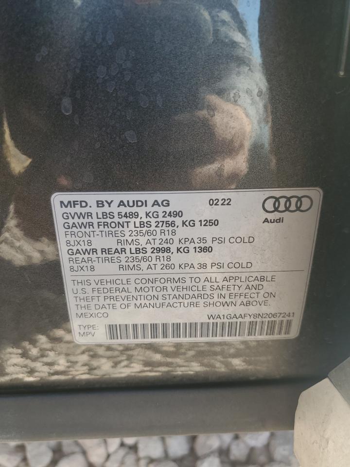 2022 AUDI Q5 PREMIUM 45 VIN:WA1GAAFY8N2067241