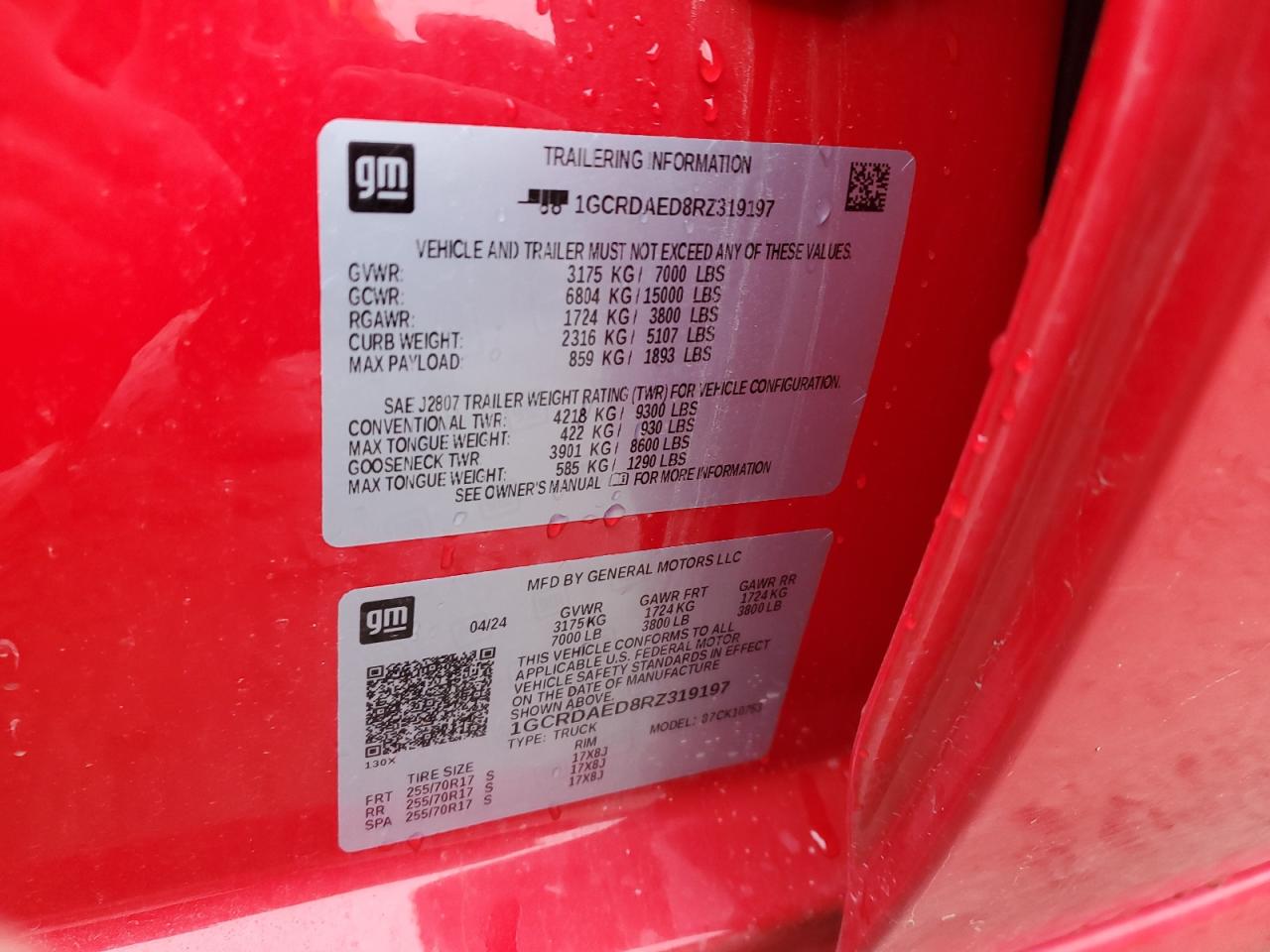 2024 CHEVROLET SILVERADO K1500 VIN:1GCRDAED8RZ319197