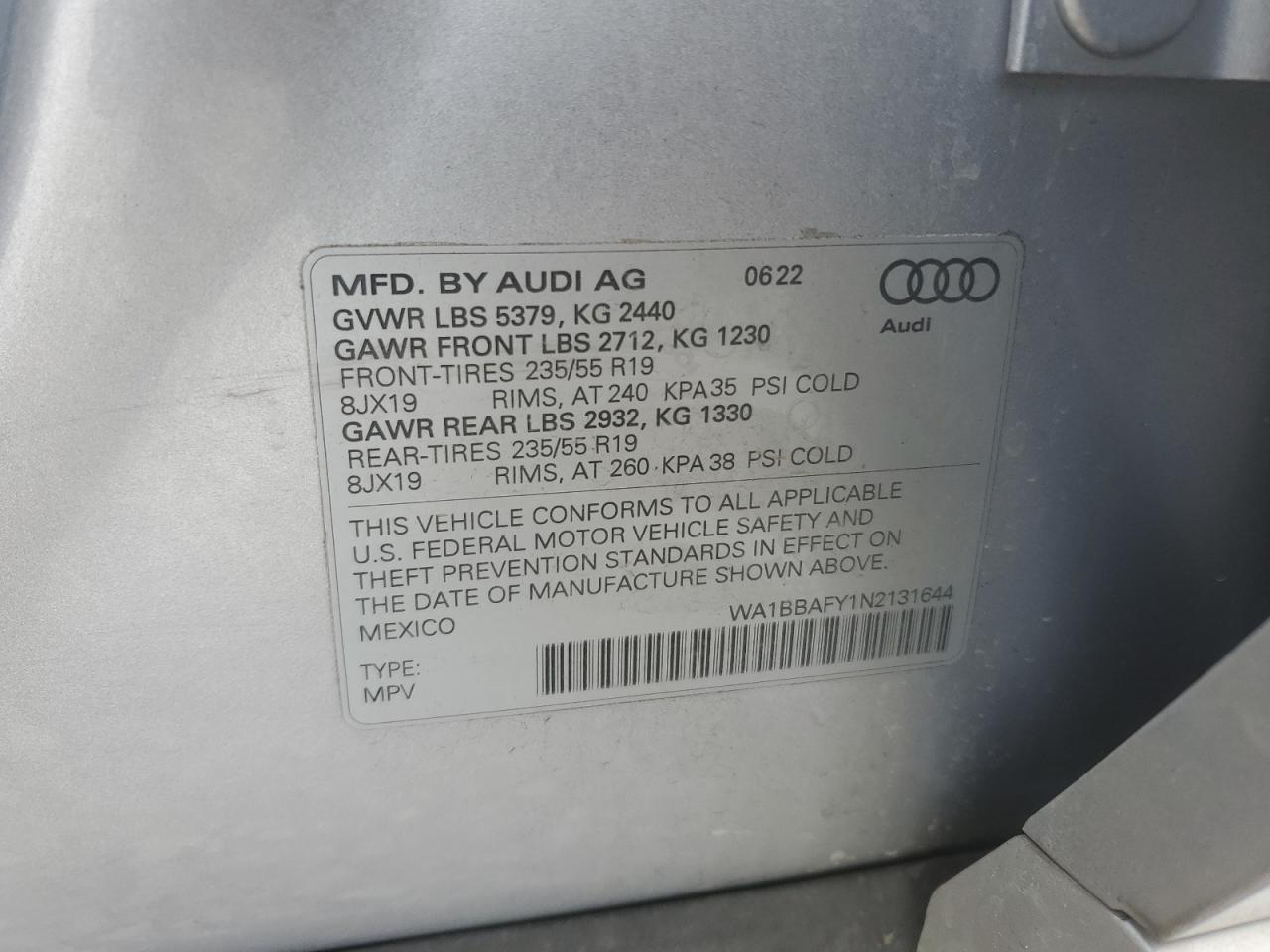 2022 AUDI Q5 PREMIUM PLUS 40 VIN:WA1BBAFY1N2131644