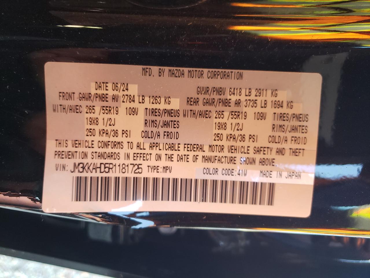 2024 MAZDA CX-90 SELECT VIN:JM3KKAHD5R1181725