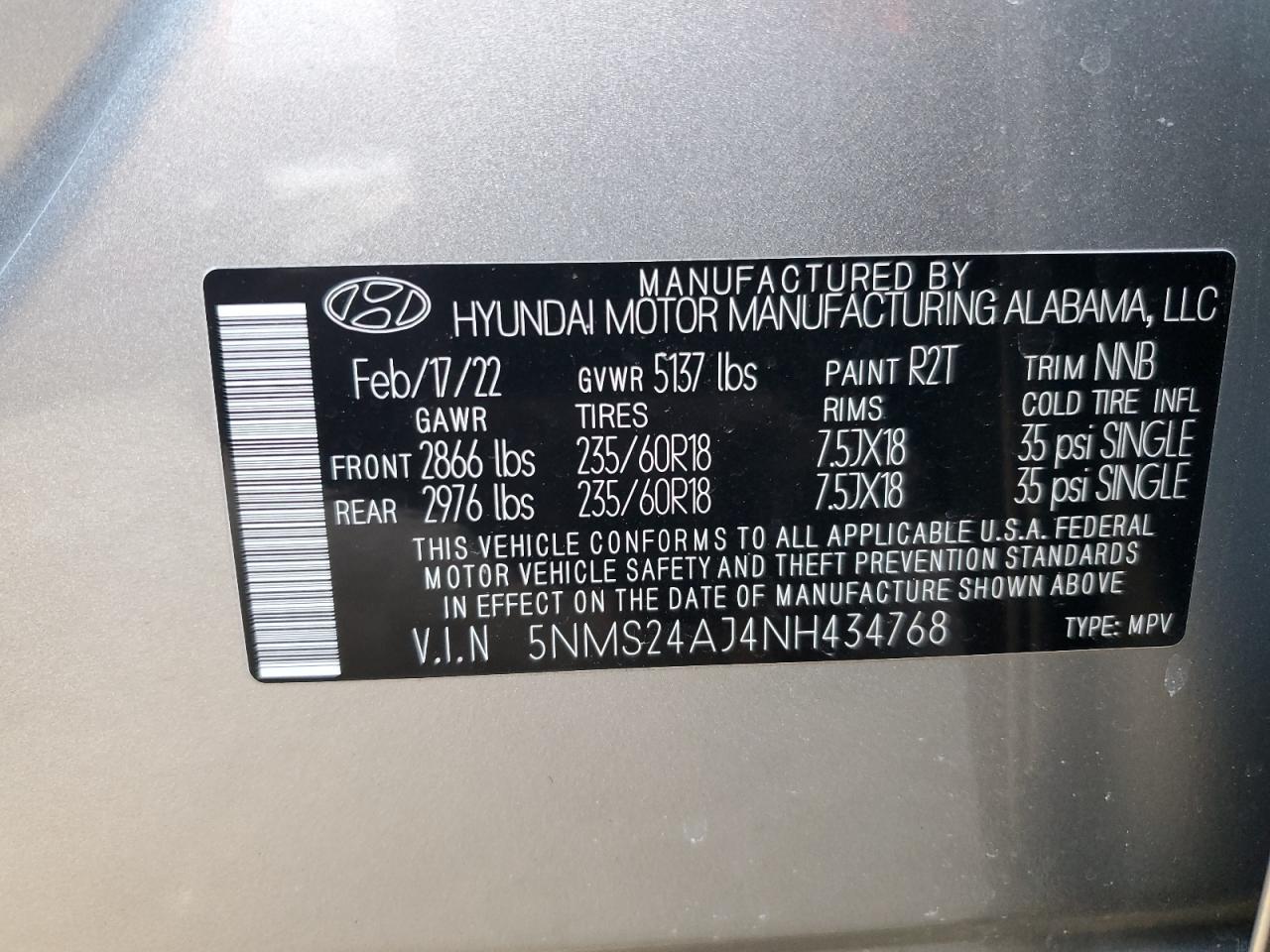 2022 HYUNDAI SANTA FE SEL VIN:5NMS24AJ4NH434768