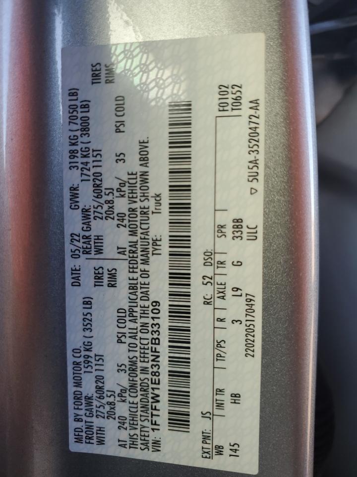 2022 FORD F150 SUPERCREW VIN:1FTFW1E83NFB33109
