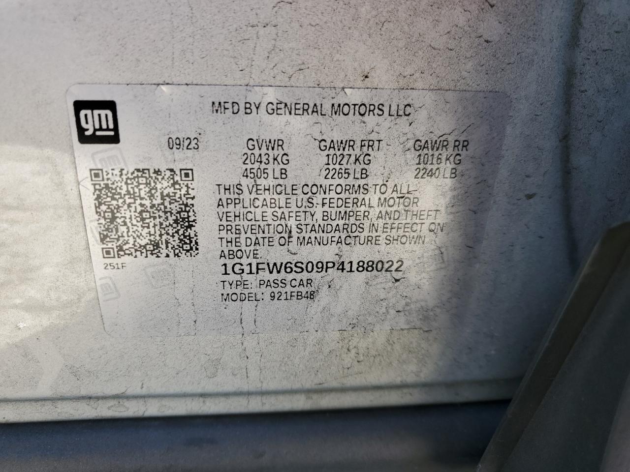 2023 CHEVROLET BOLT EV 1LT VIN:1G1FW6S09P4188022