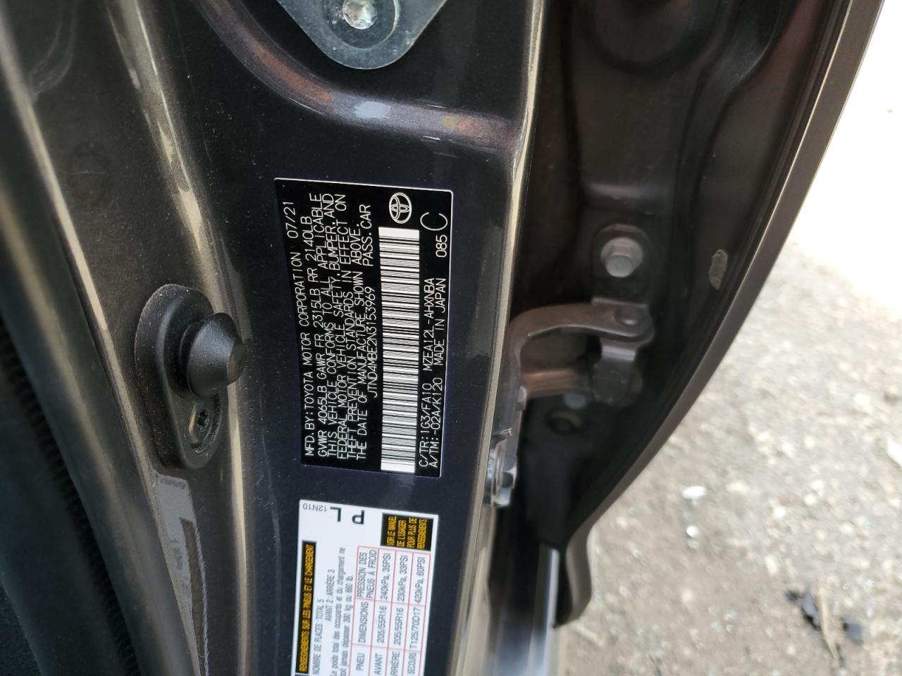 2022 TOYOTA COROLLA SE VIN:JTND4MBE2N3153969